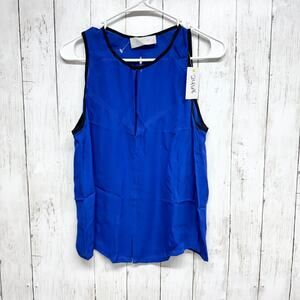 A.L.C. Shirt Women Size Small Blue Silk Sleeveless Tank Blouse Black Trim Detail